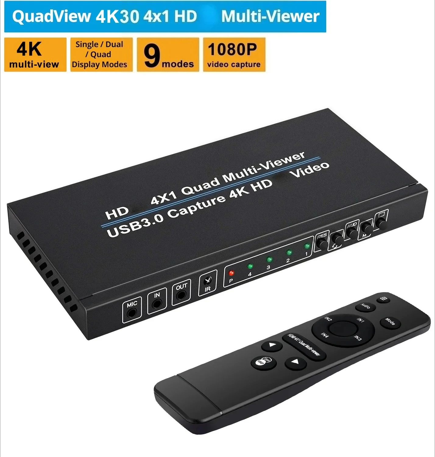 

4K 4x1 HD Multi Viewer Quad View – 4 in 1 Out Seamless Switch 9 Display Modes 1080p@60Hz USB 3.0 Video Capture Card Recording