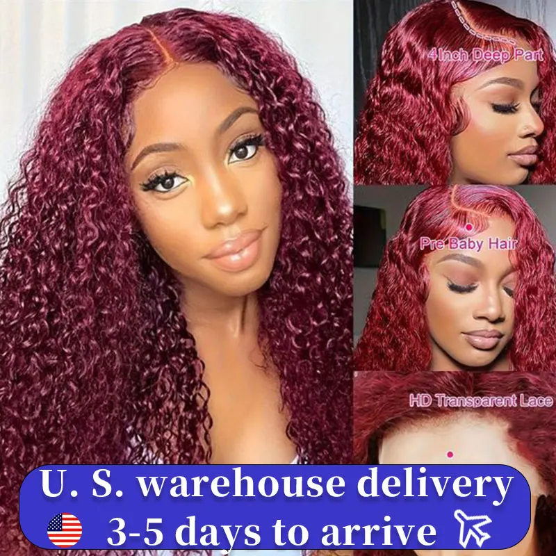 32 34 Inch Burgundy Lace Front Wig Deep Wave Human Hair WIgs For Women 99J Colored 13x4 13x6 HD Transparent Lace Frontal Wig