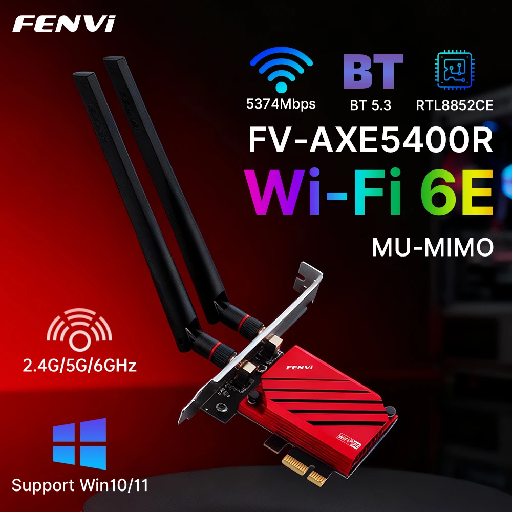 

FENVI WiFi 6E RTL8852CE PCIE адаптер BT5.3 трехдиапазонный 2,4G/5G/6Ghz 5400 Мбит/с 802.11AX гигабитная беспроводная сетевая карта для ПК Win10/11