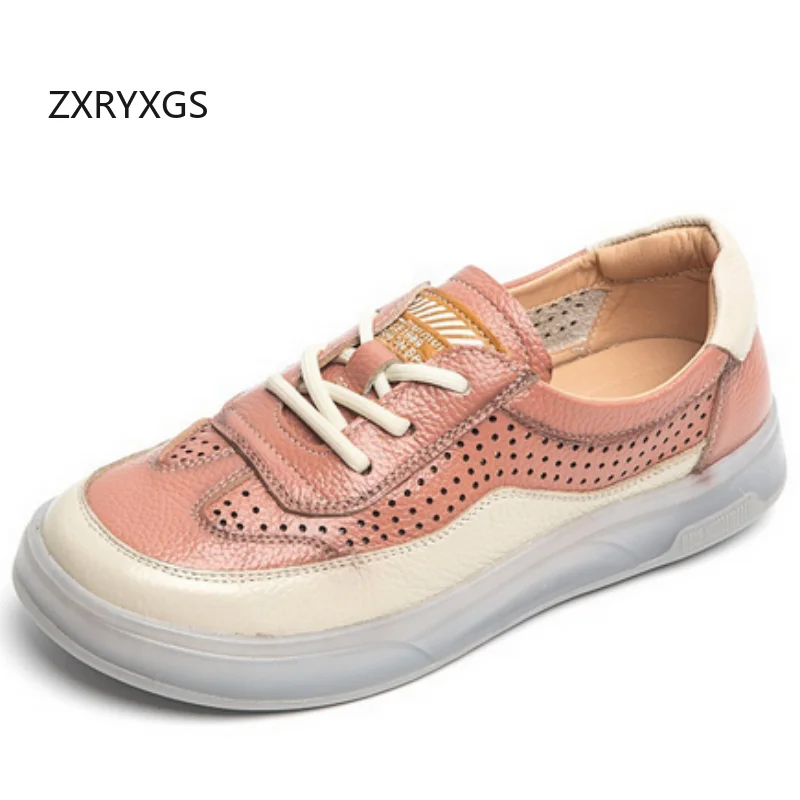 

ZXRYXGS 2025 New Lace-up Genuine Leather Hollow Spring Summer Sneakers Casual Shoes Women Comfort Breathable Flat Sneakers Tide