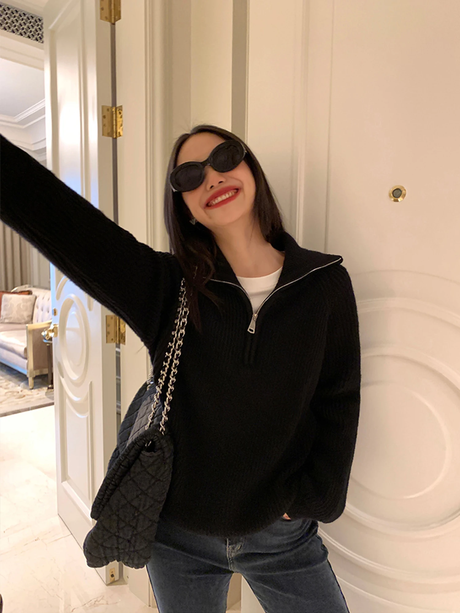 

Pusumede повседневный свободный вязаный свитер в полоску с высоким воротником, женский осенний корейский топ Lazy Faion Long Sve Top