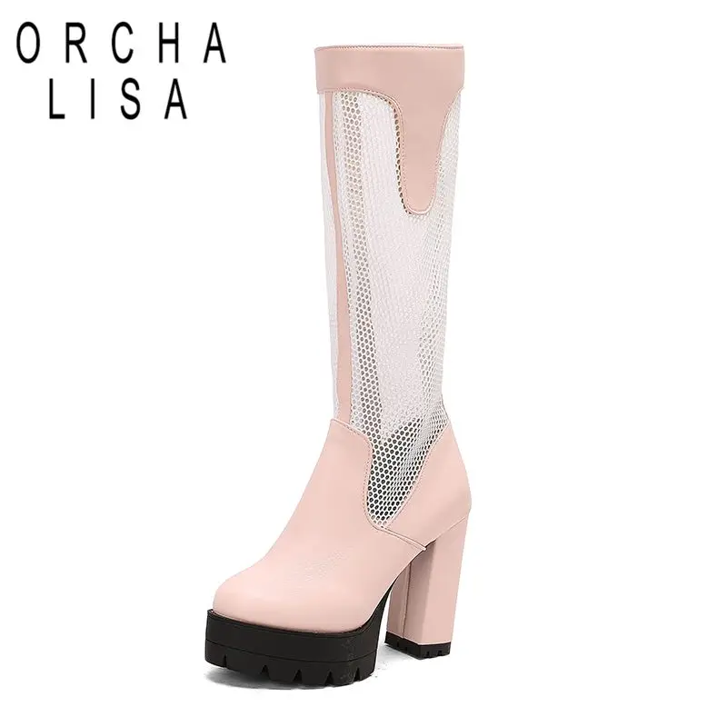 

ORCHA LISA Fashion Women Summer Boots Round Toe Block Heels 12cm Platform 4cm Zipper Mesh Plus Size 48 49 50 Sexy Knee High Bota