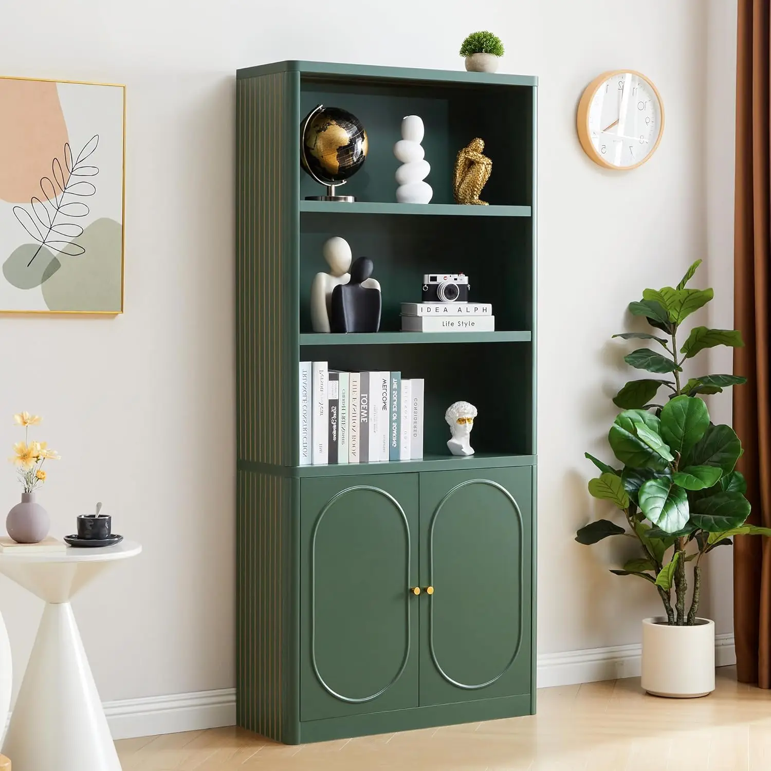 

70 Tall Bookshelf, 5 Tier Large Wood Bookcase with Doors, Modern Floor Standing Bookshelves and Bookcases, Open Display Shelves