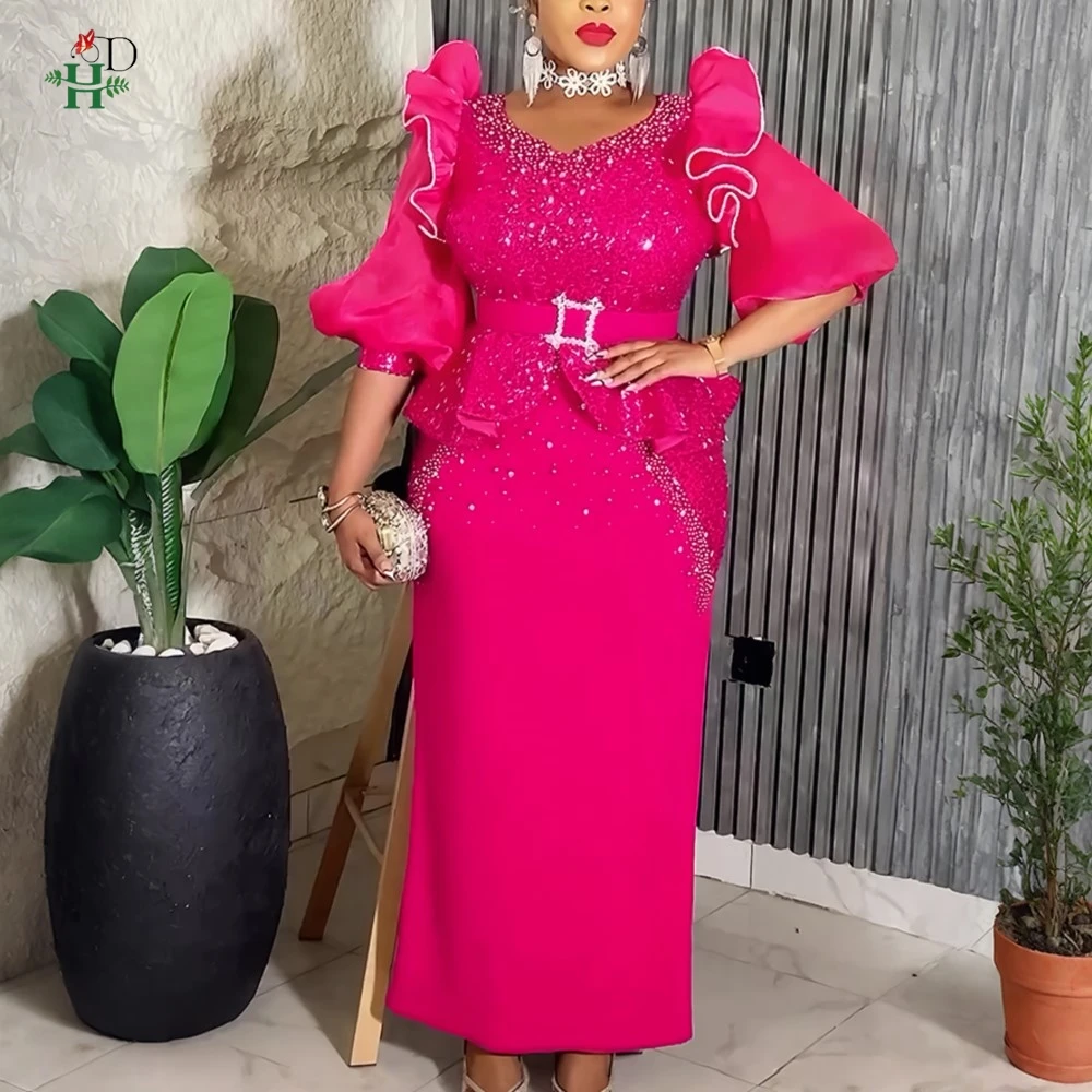 

2026 New Plus Size African Party Dress for Women Dashiki Sequin Maxi Long Dress Elegant Turkey Muslim Wedding Evening Gown 2025