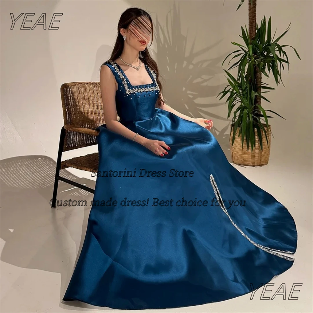

Santorini فساتين سهرات Side Slit Satin Prom Dresses Off Shoulder Beaded Evening Party Gowns Sexy Back Customized