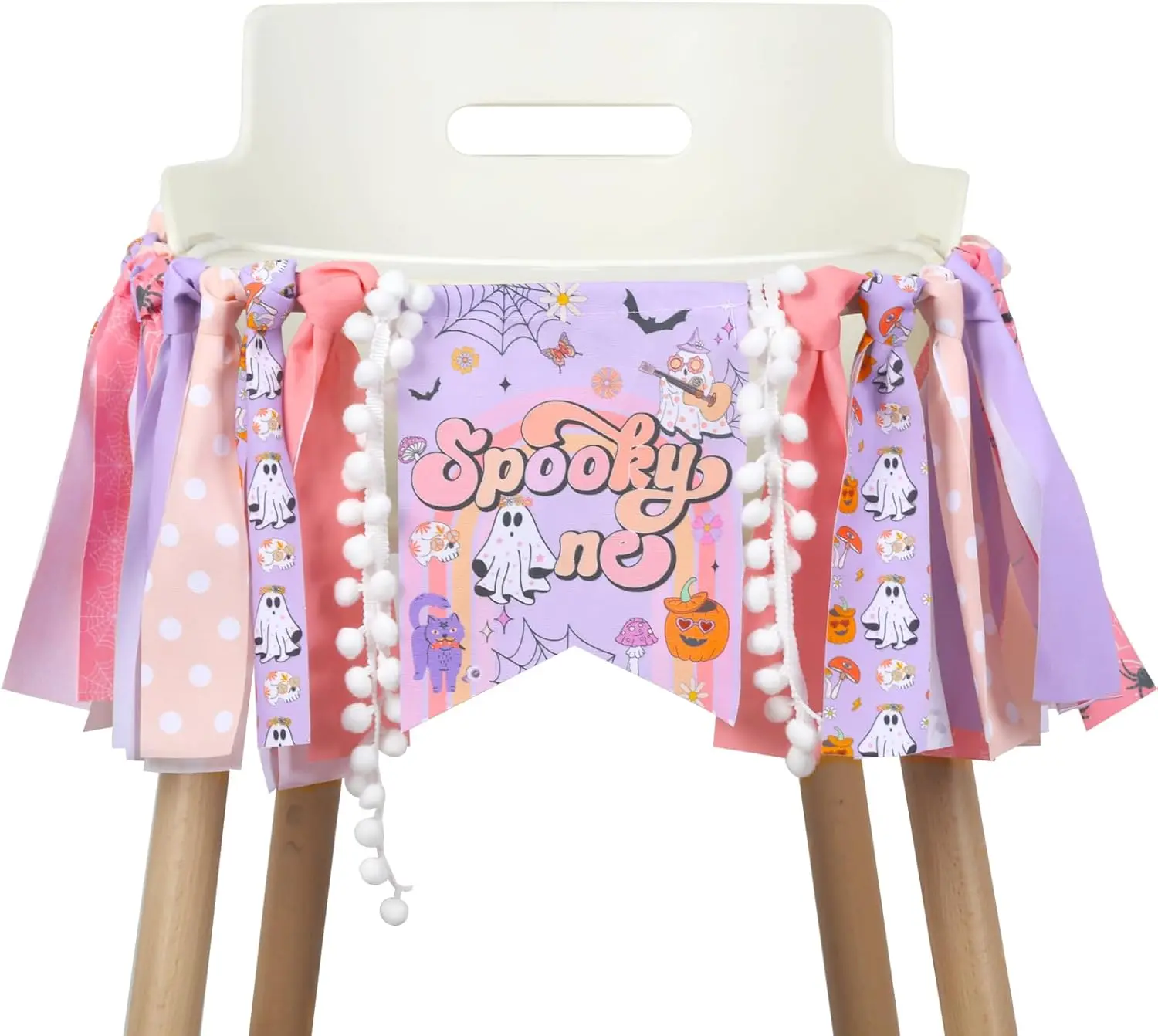 Fangleland Groovy Halloween High Chair Banner, Spooky One Hippie Boho 1st Birthday Pink and Purple Decorations for Girls