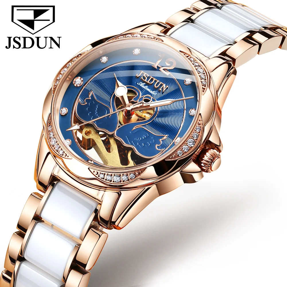 JSDUN Women Luxury Automatic Mechanical Watch Skeleton Design Diamond Wristwtach Sapphire Mirror Ceramics with Stainless Steel