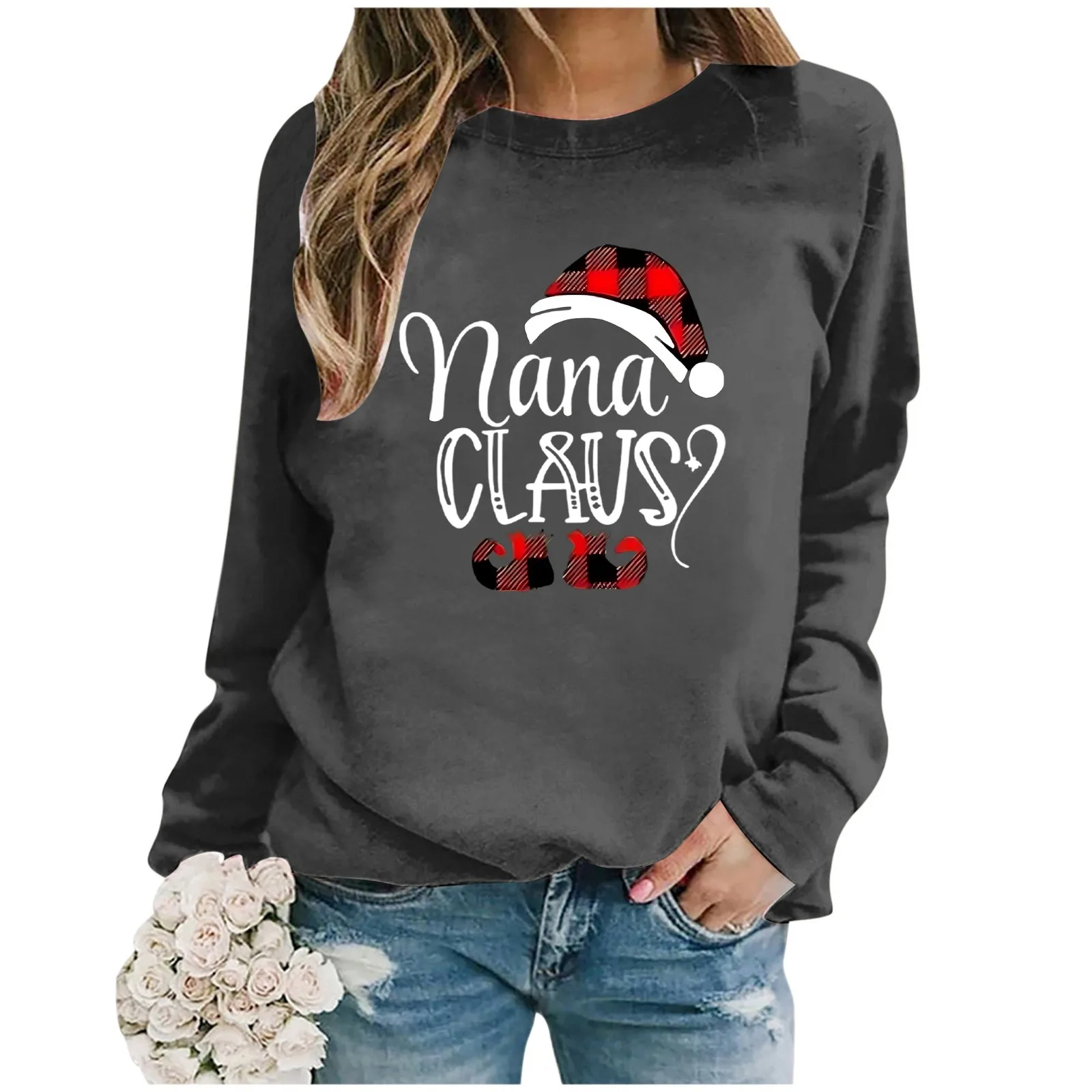 

Nana Claus Christmas Print Round Neck Sweatshirts Autumn And Winter Fashion Plus Size Hoodless Pullover Clothing For Women