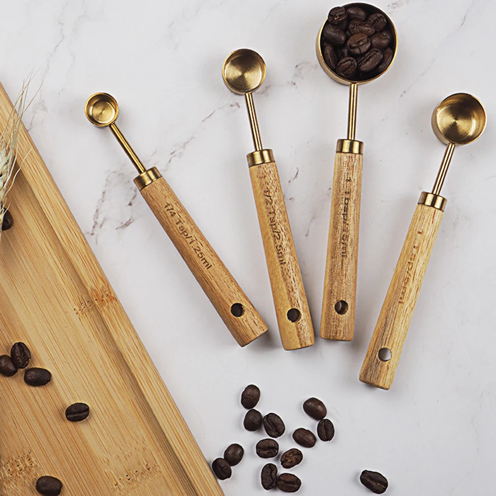 

4Pcs Stainless Steel Wood Measuring Cups Spoons Set H Kitchen Baking Powder Grain Flour Rice Scale Unit Nesting Stackable