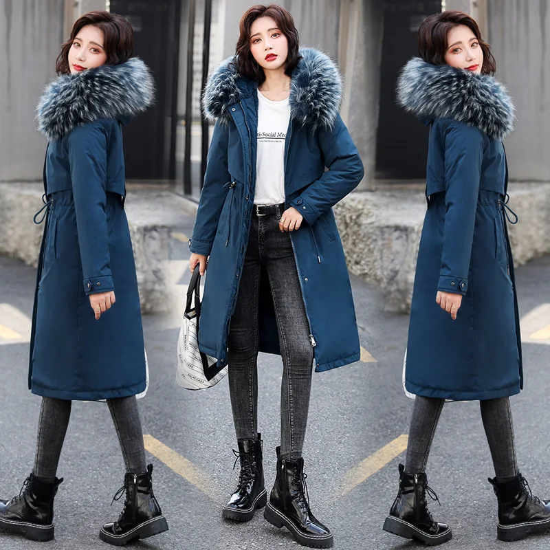 X-Long Cotton Coat 2024 Winter New Cotton Padded Jacket Women's Big Fur Collar Warm Thicken Parkas Coat Plus Velet Winter Jacket