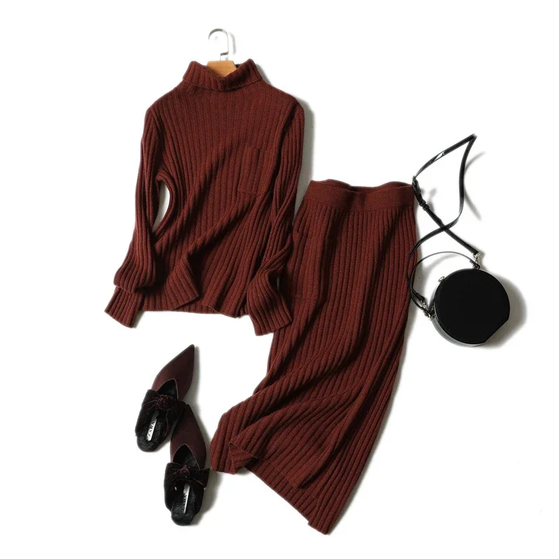 aliaga autumn winter ribbed knitted 100% cashmere two peice set turtleneck sweaters plus cozy skirt