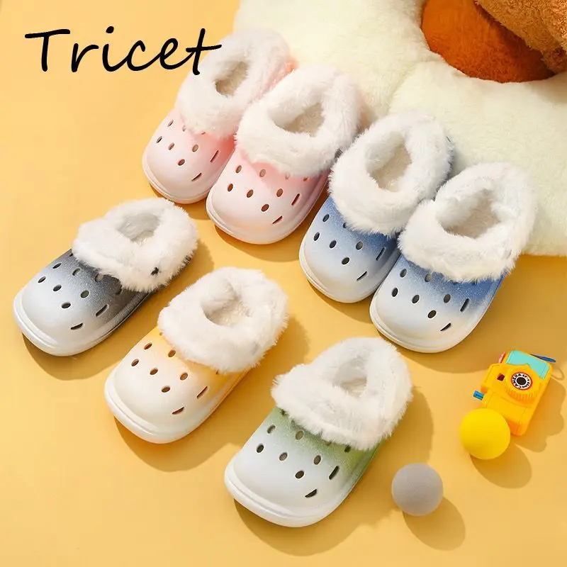 Gradient Color Boys Girls Slippers Winter Plush Warm Detachable Kids Slippers PVC Soft Bottom Non Slip Children Home Shoes