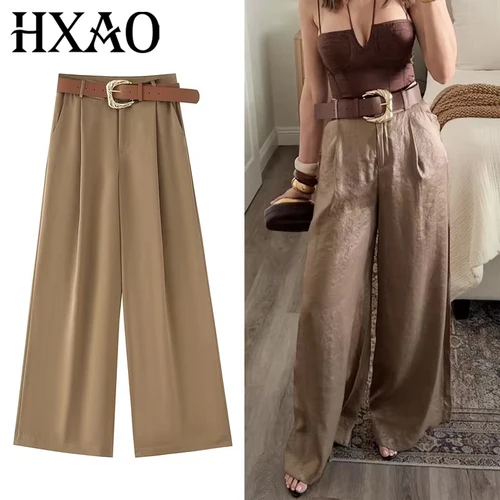 HXAO Pantalones de mujer de cintura alta, pantalones de pierna ancha con cinturón, pantalones largos de satén, bolsillos, pantalones holgados informales, pantalones elegantes de verano para mujer