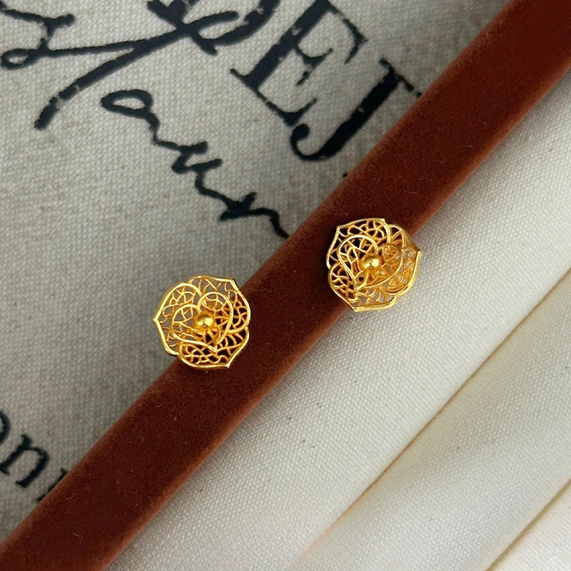 Luxury 100% Real 24K Gold Hollow Rose Small Earrings, Niche Design High-End Sense, Ins Flower Heart Earrings For Women