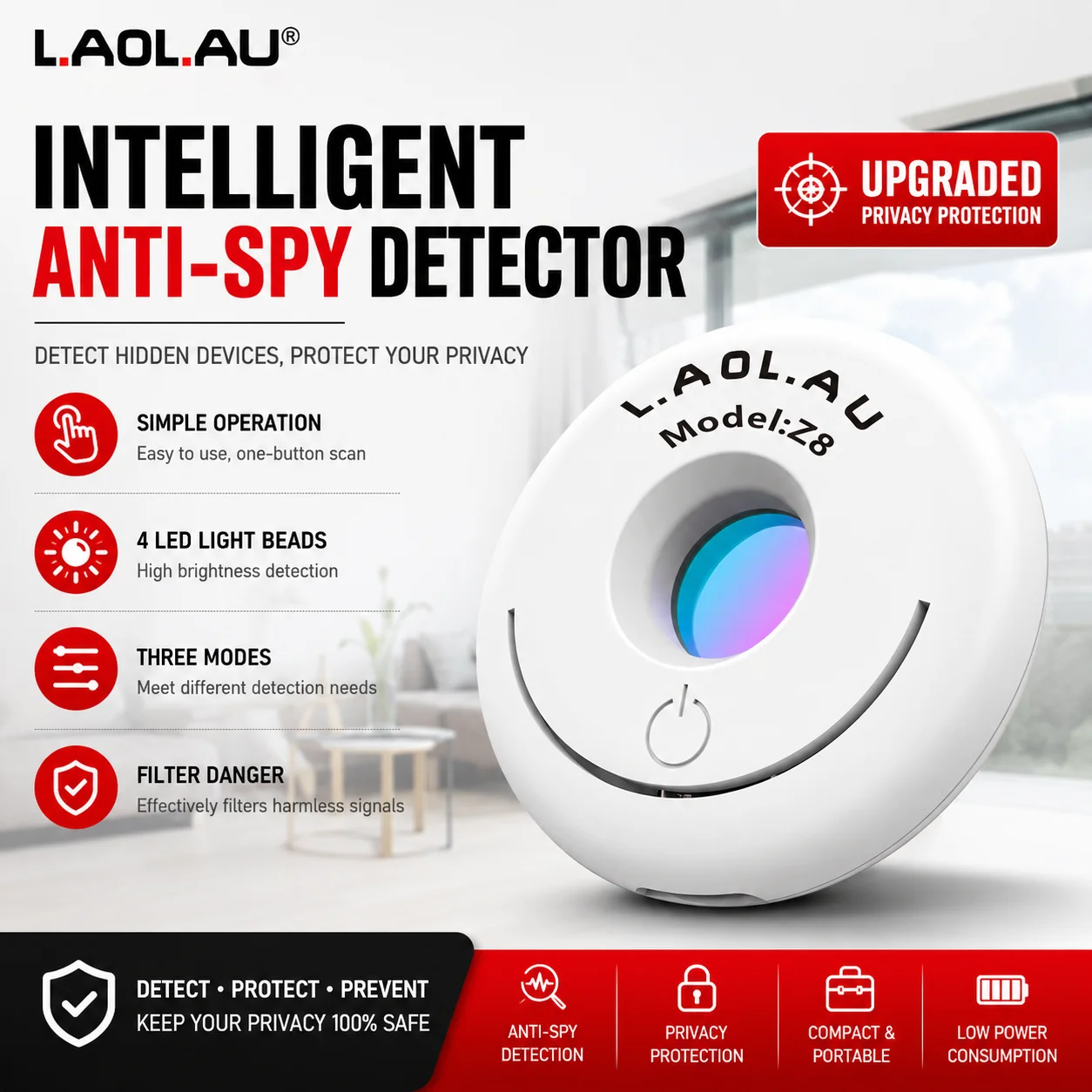 Détecteur de caméra infrarouge Z8, détecteur de signal de caméra cachée intelligent, détecteur de signal de caméra espion rechargeable, protection de sécurité anti-caméra espionne