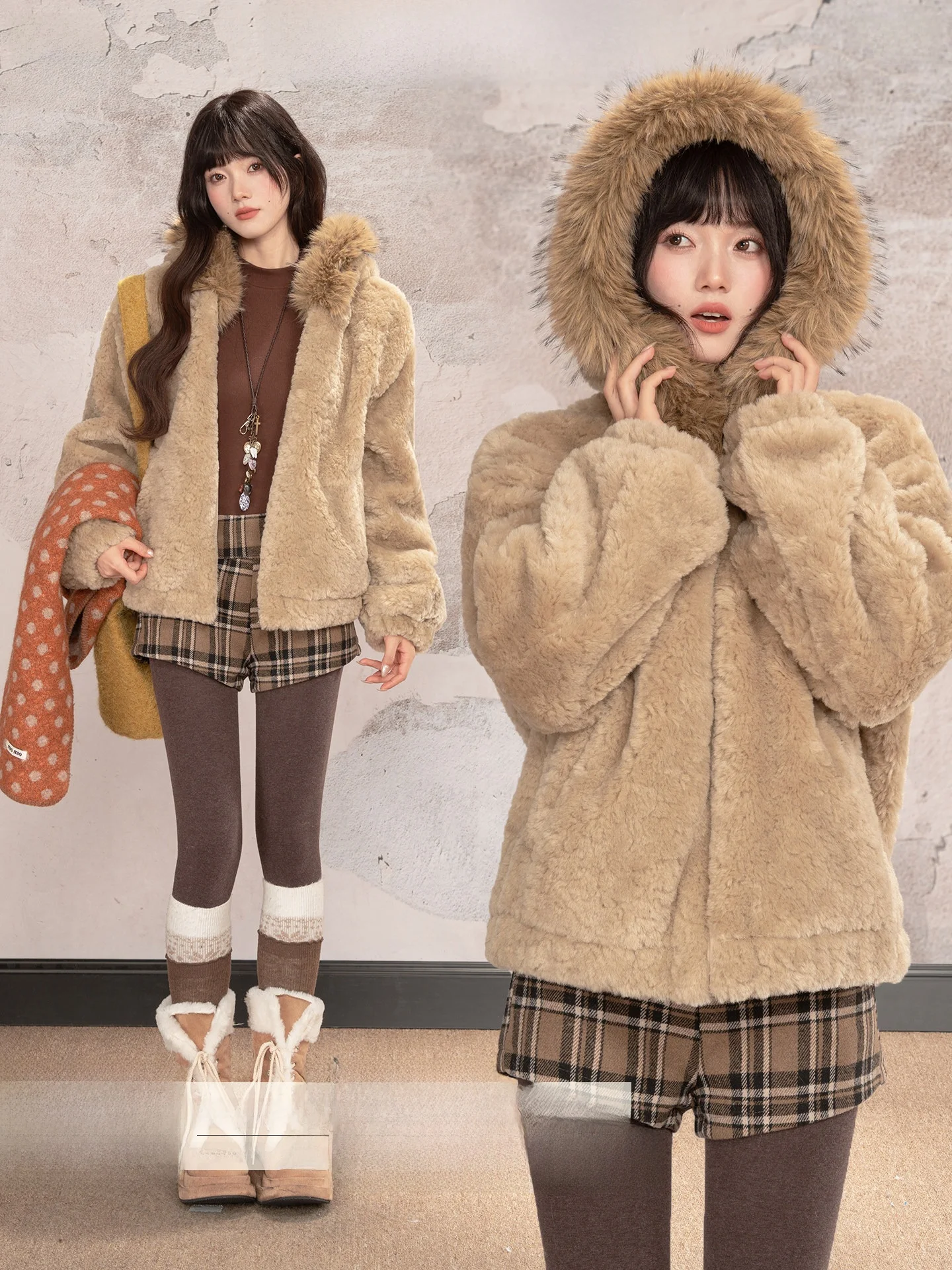 

Loveheynew i Color Hooded Lamb Fur Thiened Woolen Coat Women Winter High Sensation Loose Warm Top Casual Sle Long Sve
