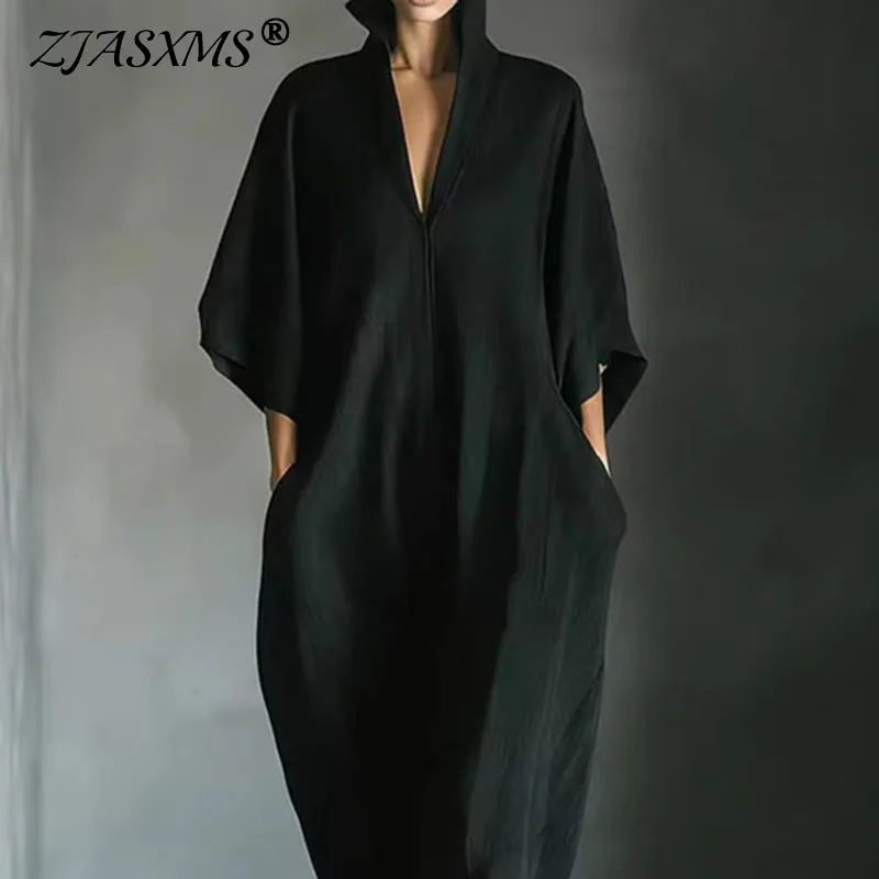 Vestido Largo Holgado Negro Sexy con Cuello en V para Mujer, Primavera 2026, Manga Media, Bolsillos, Estilo Pullover, Vestido Largo para Vacaciones de Verano, Estilo Bohemio