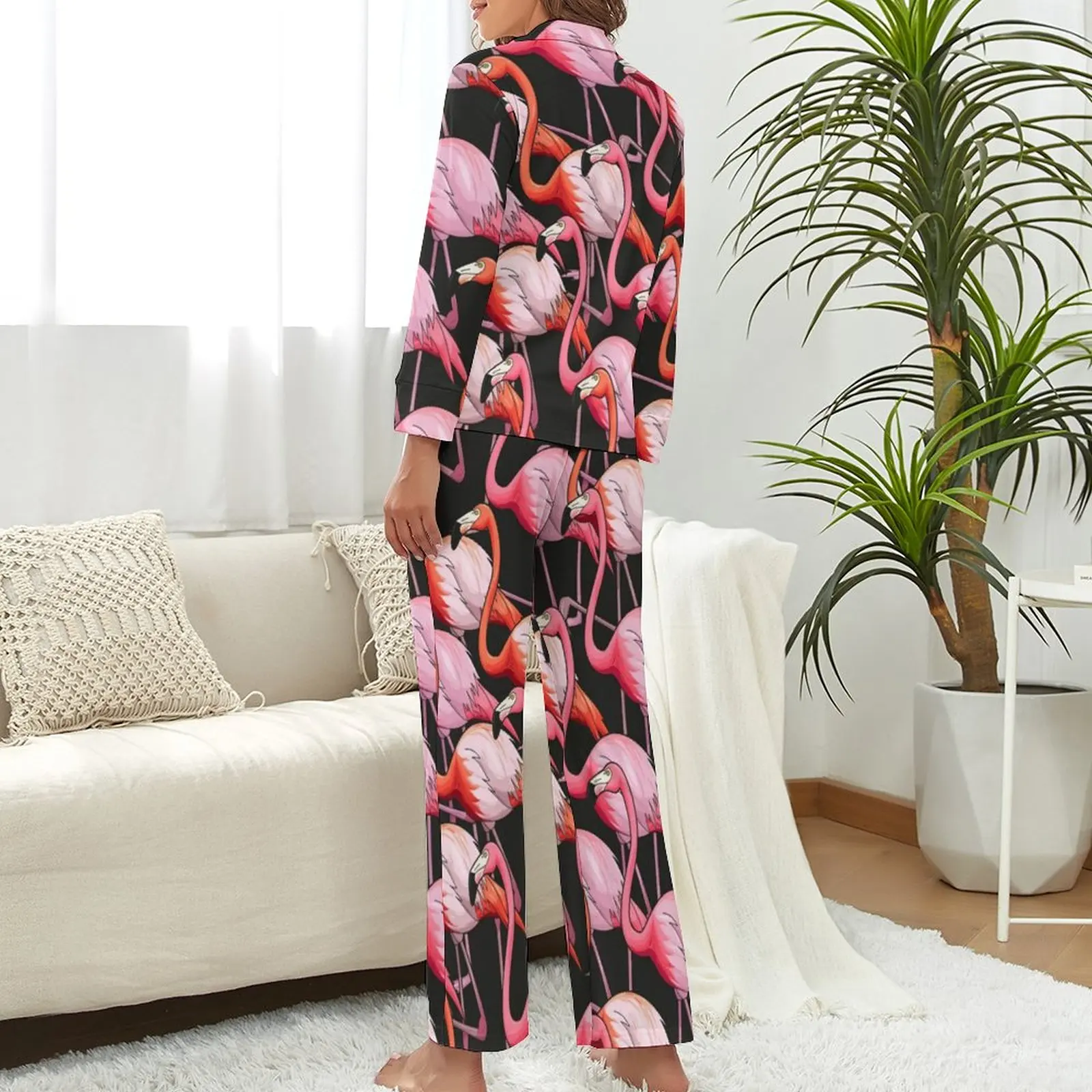 Pijama de flamenco Tropical para mujer, traje de Casa Kawaii de manga larga con estampado de pájaros coloridos, Conjunto de pijama personalizado con cuello en V para dormir, 2 piezas