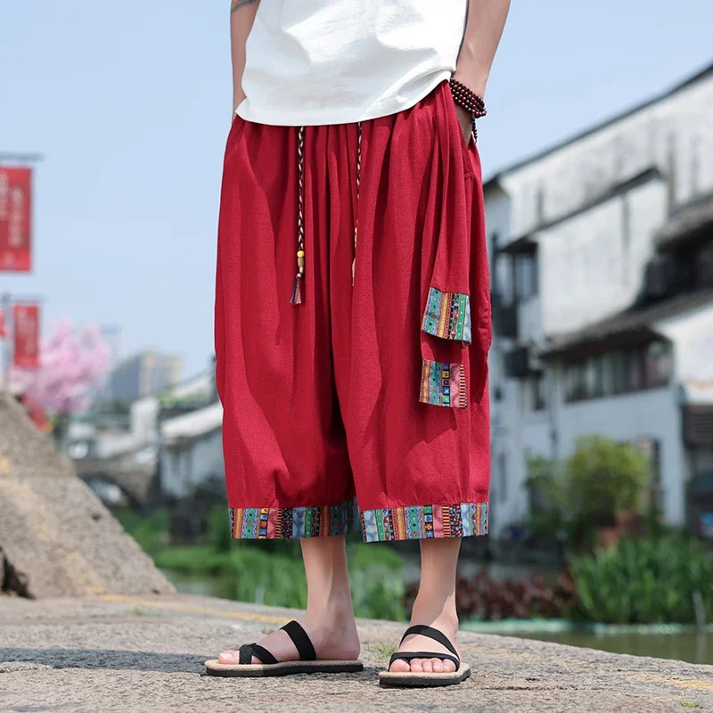 Japan kimono Shorts Men\'s Linen Samurai Costume Ukiyo-e Print Belt Wide Leg Pants Retro Haori Loose Casual Trousers Harajuku Men