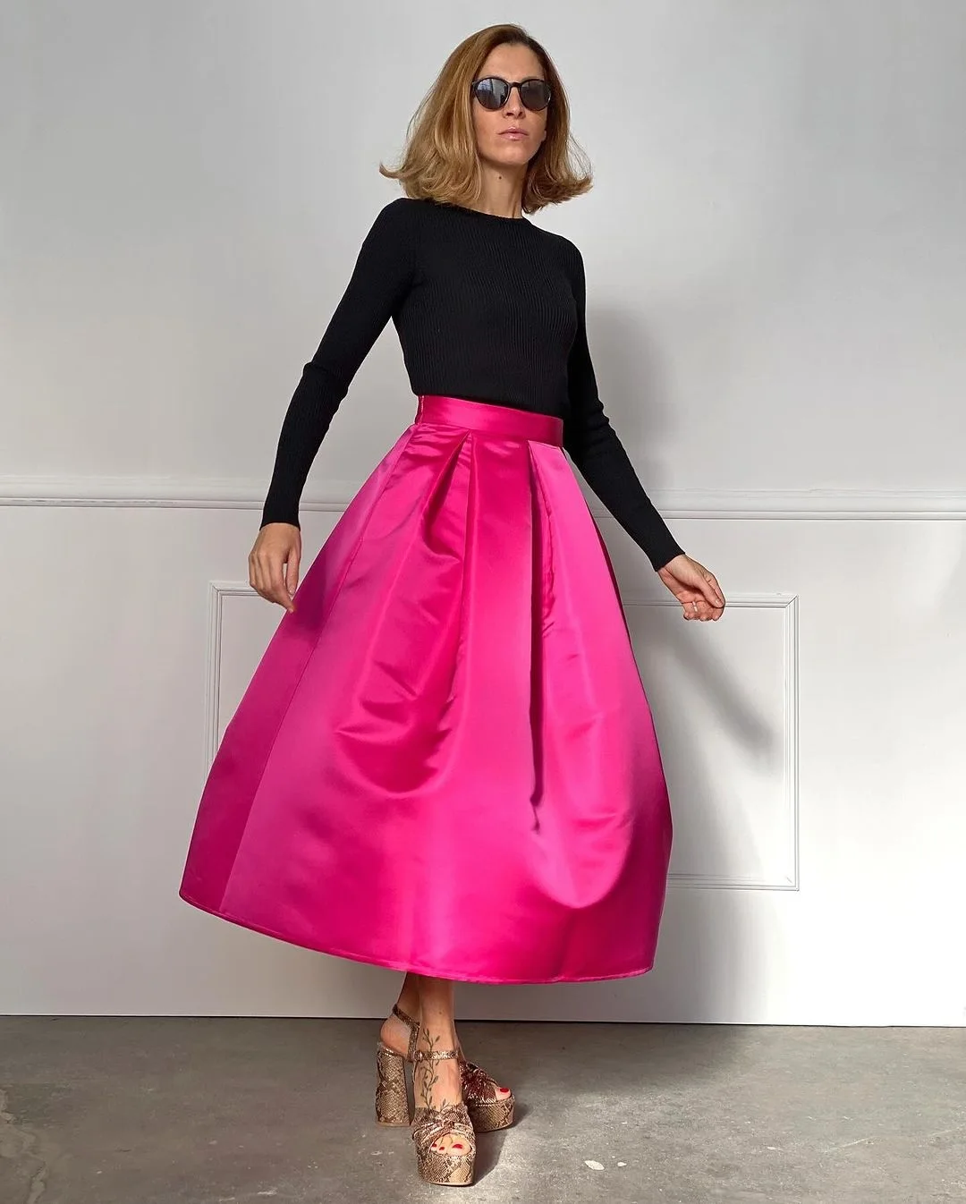Custom Made Fuchsia Midi Skirt For Women High Quality Pleated Thick Satin Ladies Evening Skirt Hot Pink Prom Party Skirts