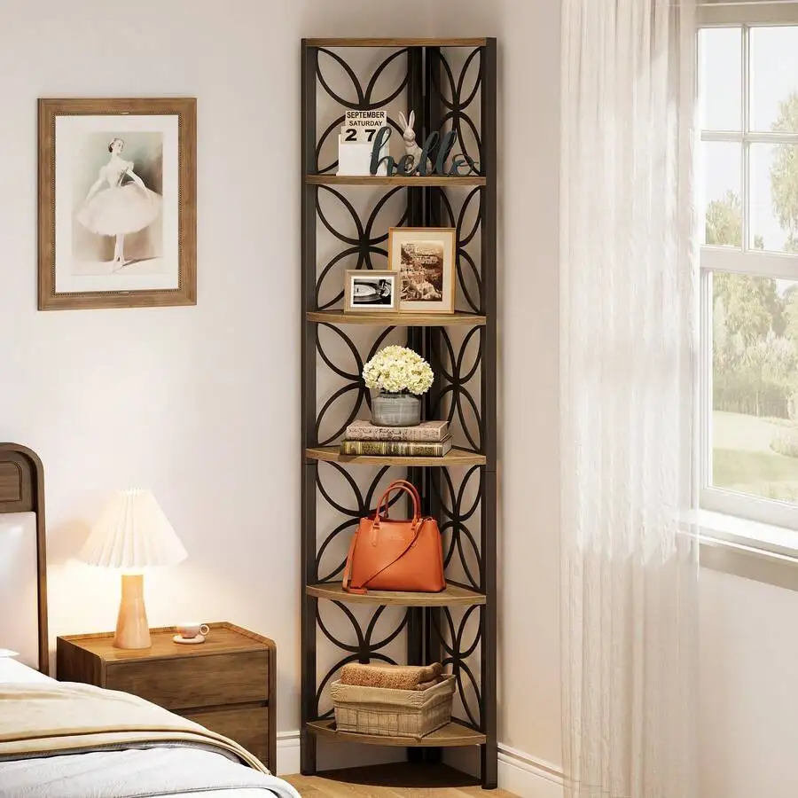70.9' 6-Tier Shelf, Industrial Rustic Bookshelf Display Shelf For Living Room Decor, Wooden Shelving Unit Plant Stand Storage Ra