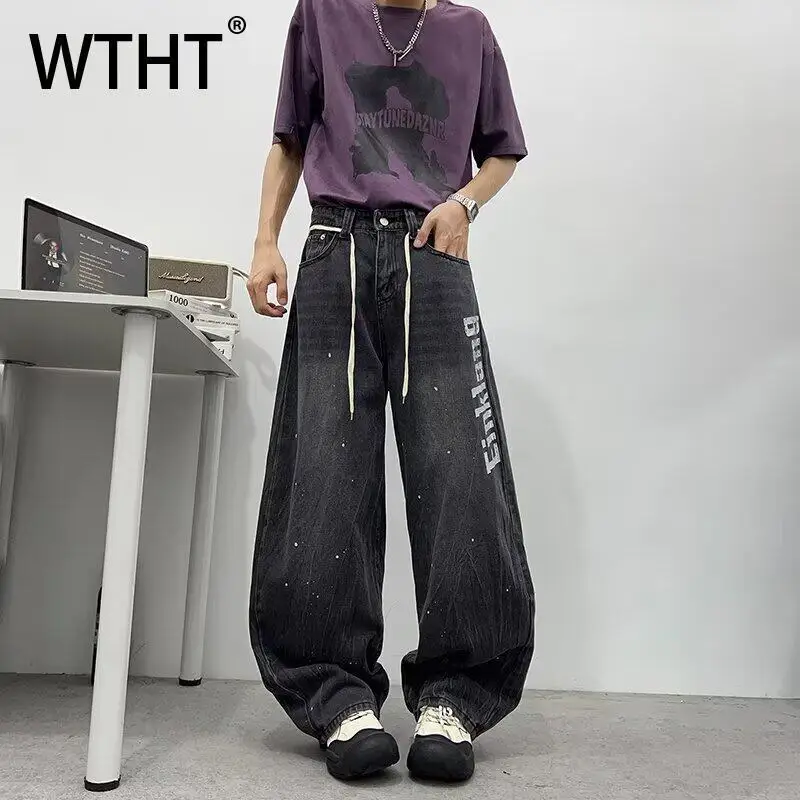 

WTHT модные мужские джинсовые брюки с градиентным граффити и буквенным принтом, новые модные широкие джинсы с высокой талией, мужские, лето 2021, 2A1231