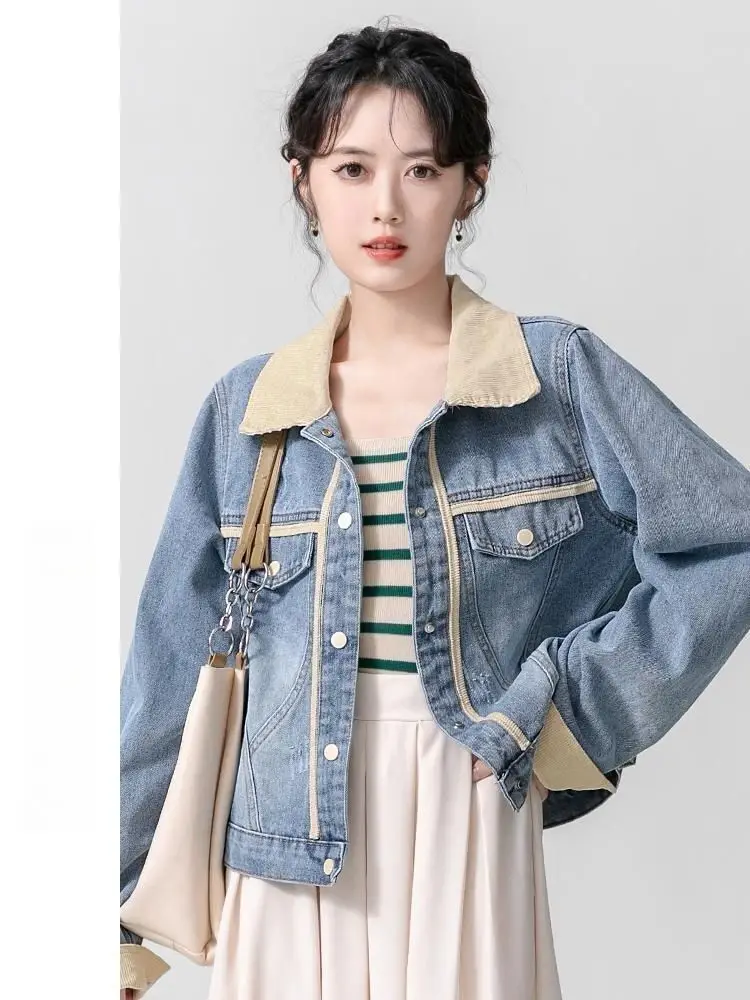 Chic Colors Contrasting Denim Jackets Spring Autumn Women Turn Down Collar Patchwork Versatile Outerwear Female Jeans Coat