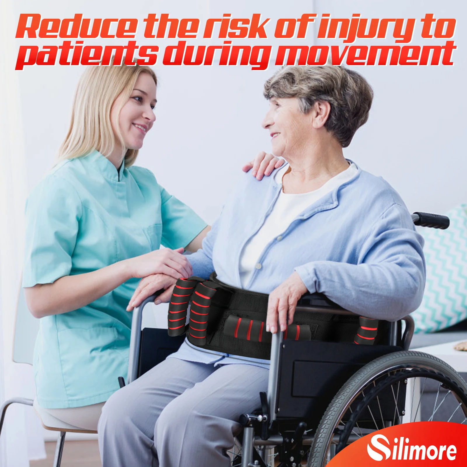 حزام Gait لكبار السن، حزام نقل سريع الفك، حزام Gait أحمر عريض، مقابض مبطنة، حزام رفع المشي