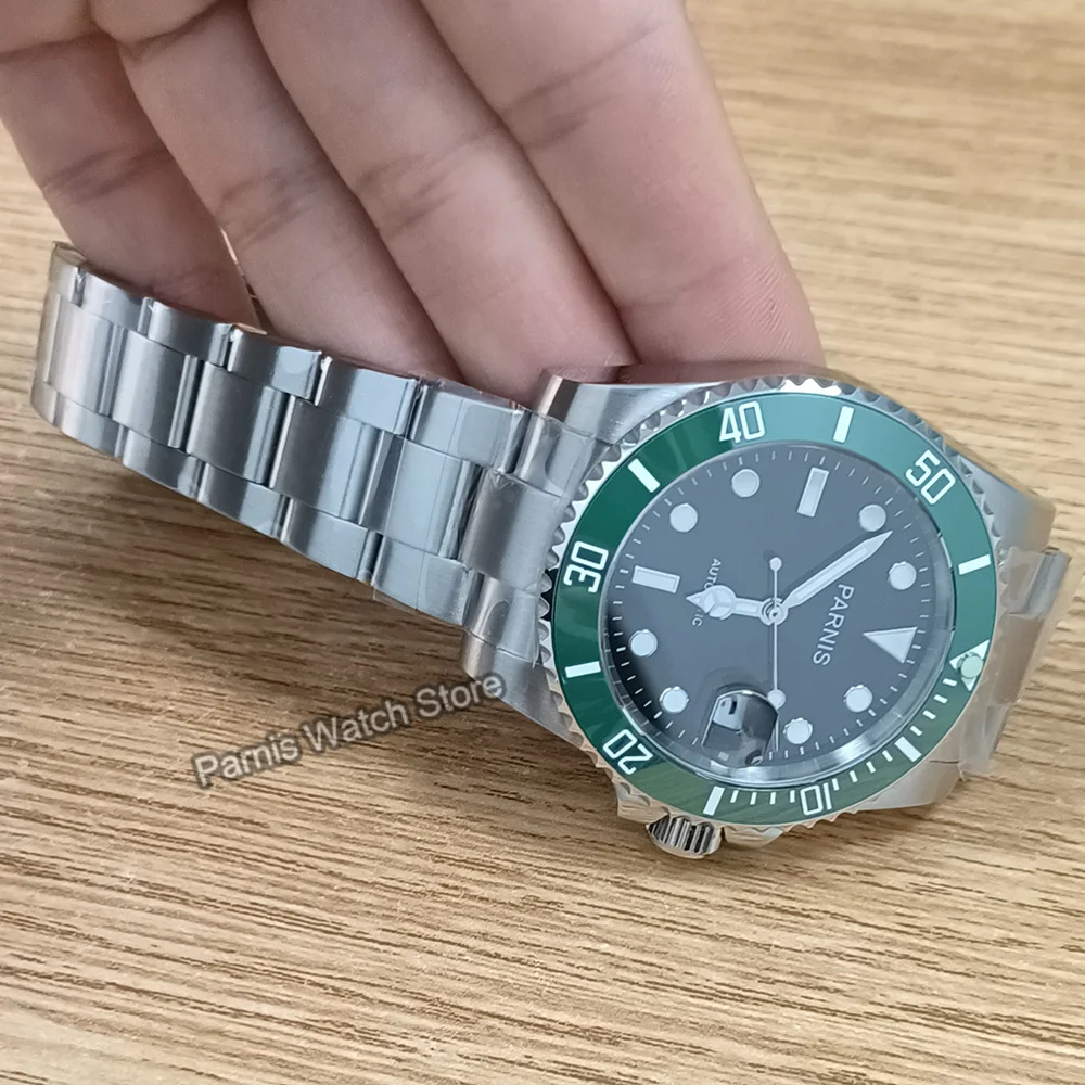 Parnis-reloj mecánico automático para hombre, cronógrafo de acero inoxidable con esfera negra, cristal de zafiro, calendario, 40mm