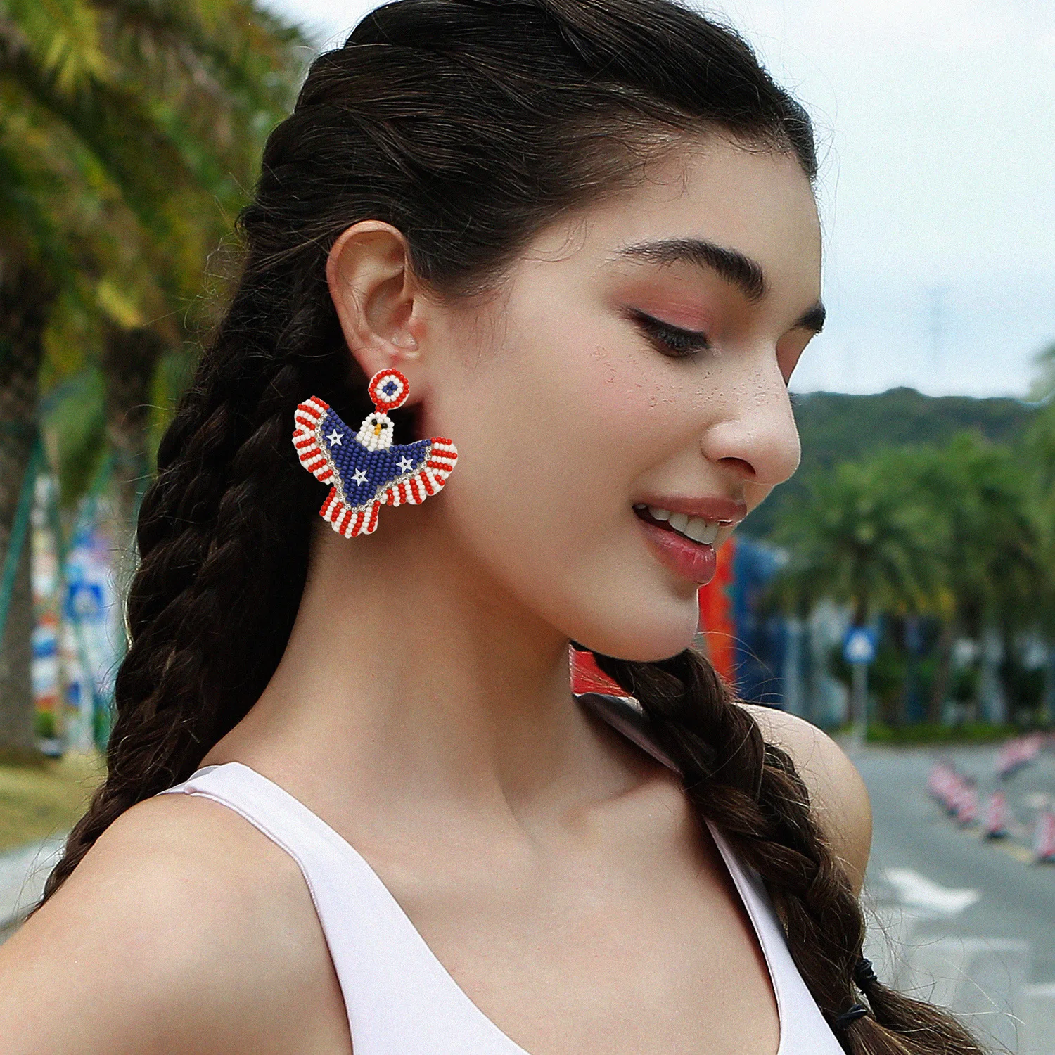 Rice bead earrings Bald eagle Flag Red white blue Originality Design Hand knitting Bohemia Alloy Fashion Simple Beaded earrings