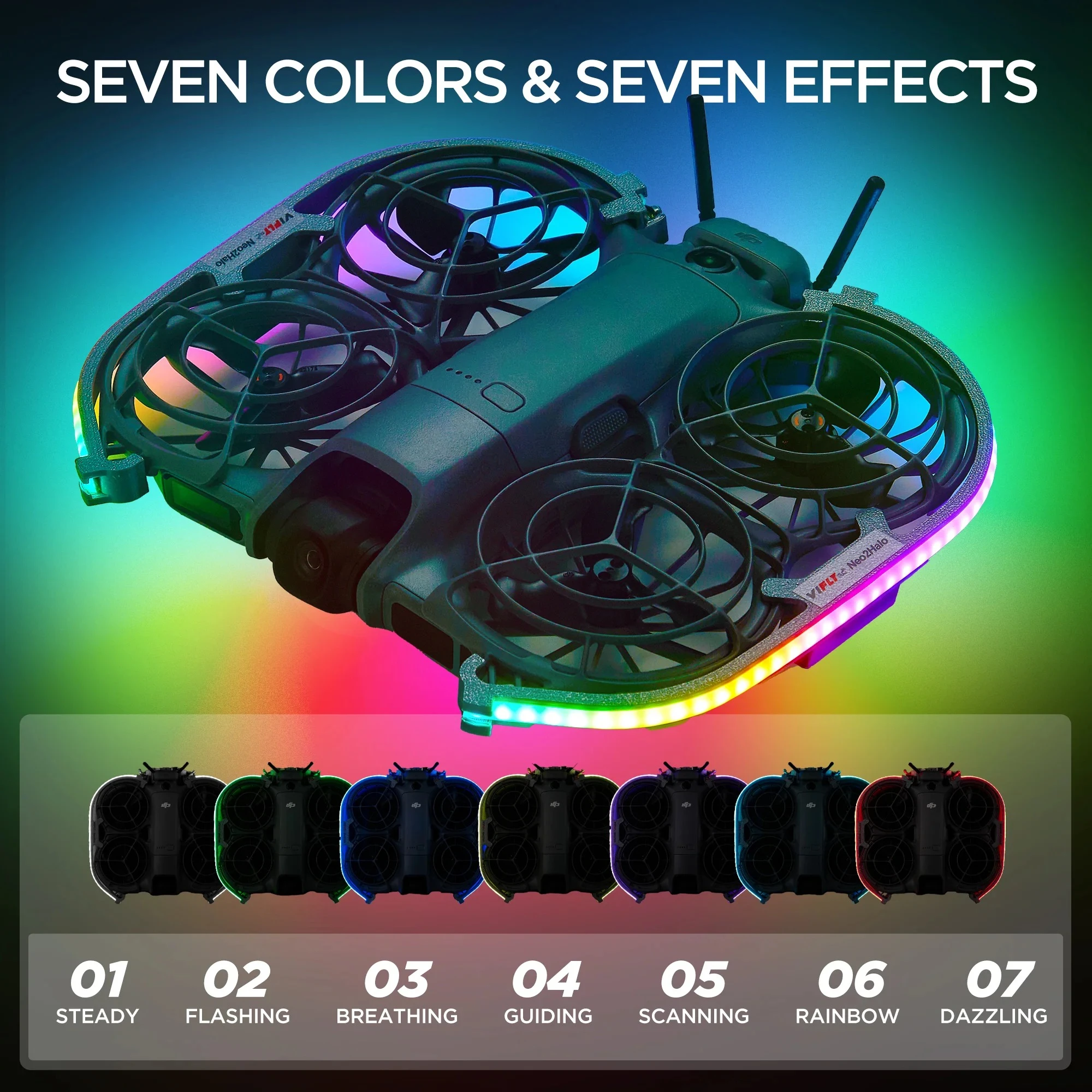 Vifly Neo2halo LED Light Strip for DJI Neo2 FPV Drone, 37g, 80 LEDs, 200mAh*2, Type-C Charging, 60min Runtime