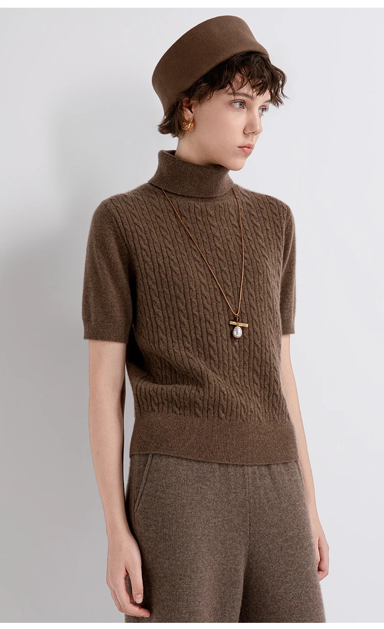 TH662122 Damen Rollkragenpullover mit Zopfmuster, Kurzarm, 100% Kaschmir, Gerippter Saum, Gemütlich, Lässig-Schick, Frühherbst – Detail 10