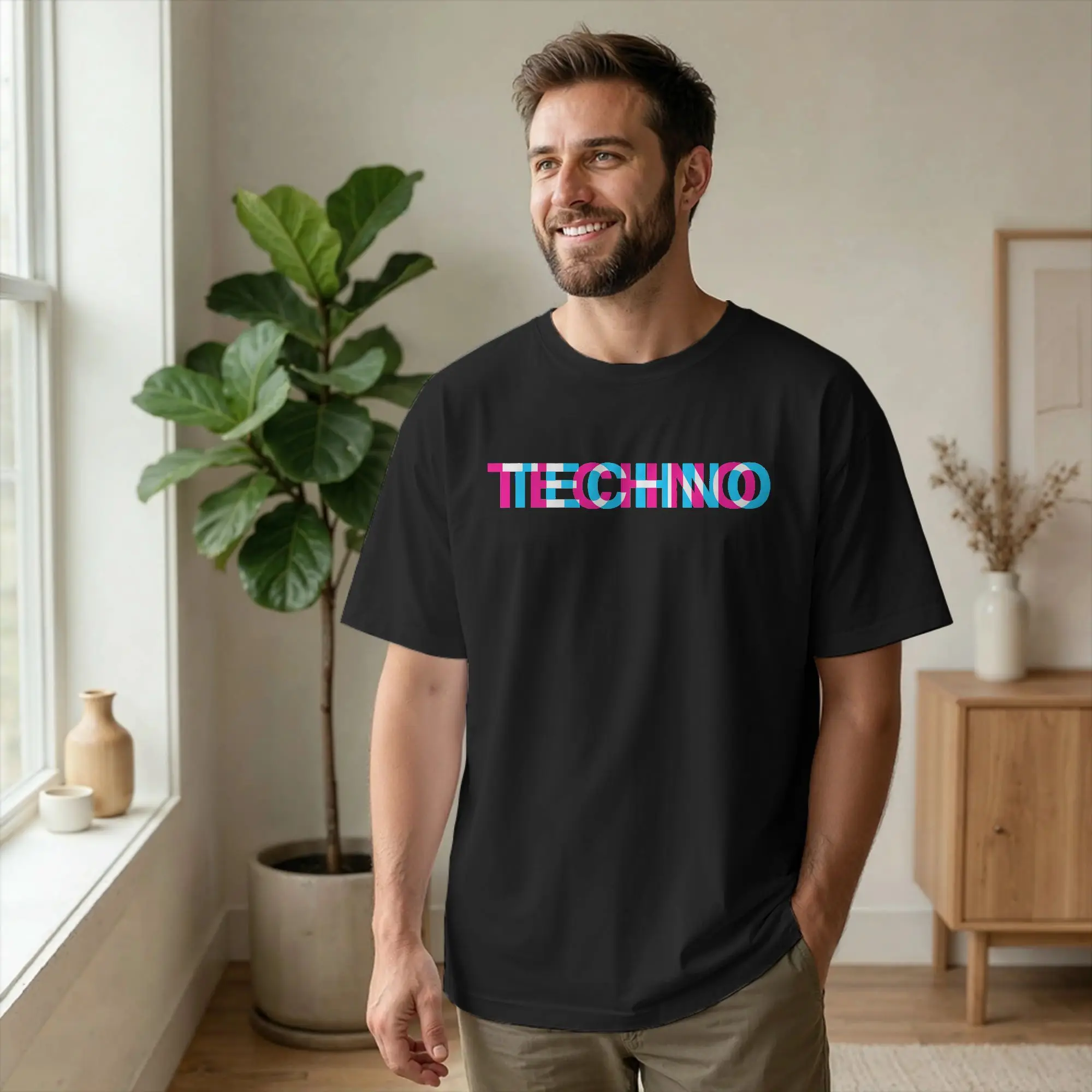 Men's T-Shirts Techno Music Optical Illusion EDM Rave Funny Cotton Tee Shirt Short Sleeve Trippy Glitch T Shirt Clothes Gift