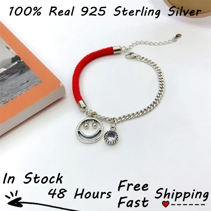 

Pulseras Plata 925 Sterling Silver Cuban Line Chain Ins Hollow Smile Face Pendants Red Bracelet Joyas Plata 925 Zilveren Armband