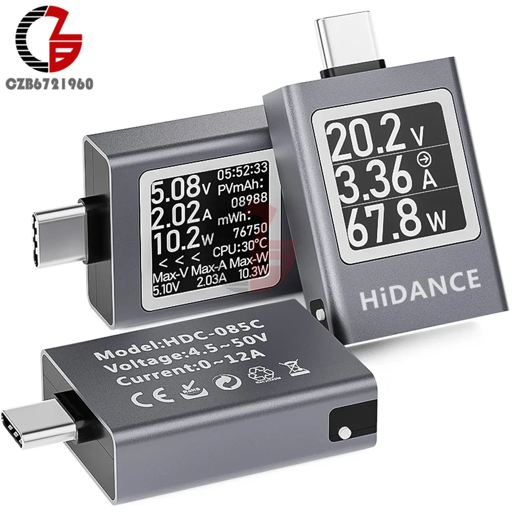 DC 4.5-50V 0-12A Voltmeter, Ammeter multifungsi USB tipe-c penguji pengisian cepat tegangan saat ini