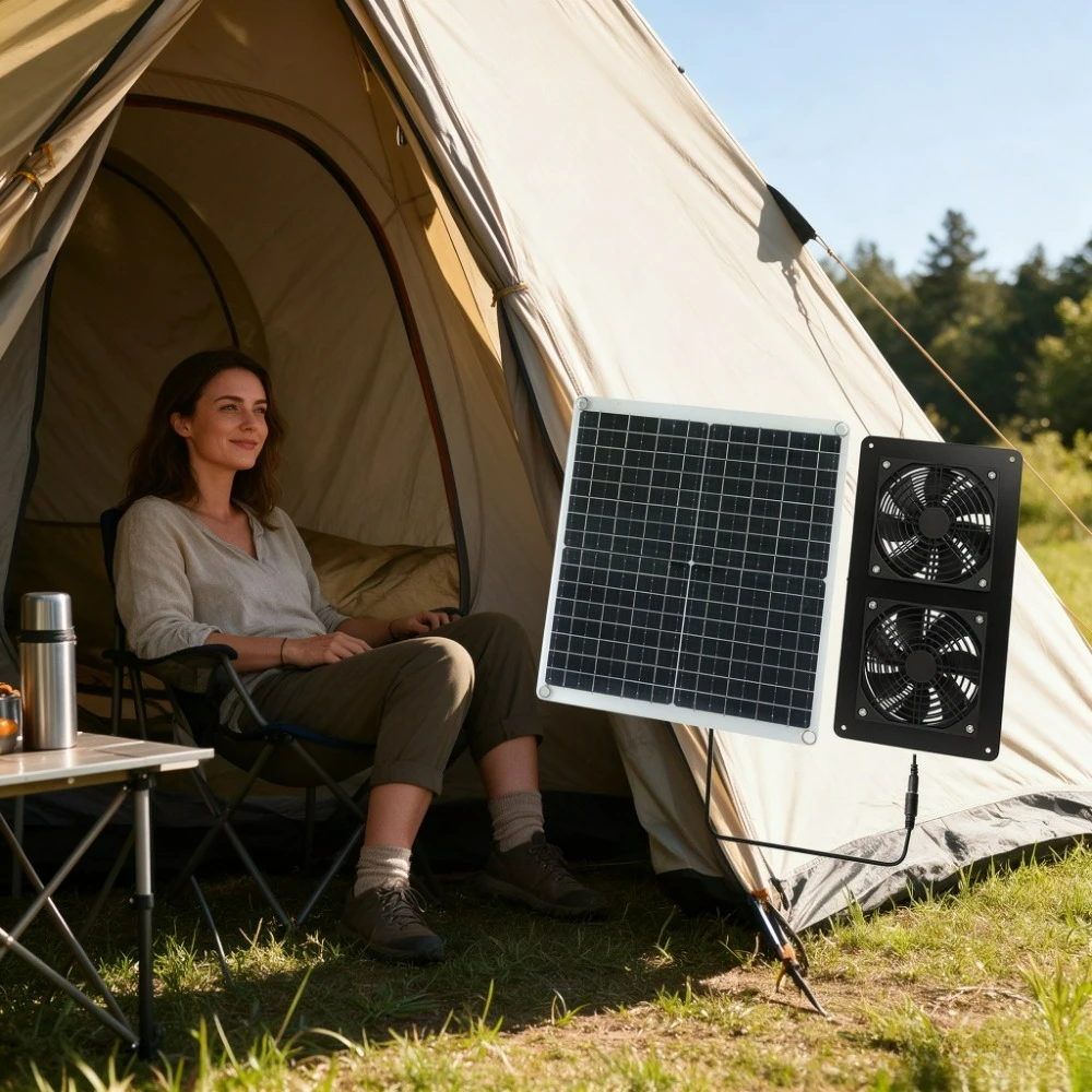 Monocrystalline Silicon 20W 30W Solar Panel Dual Vent Fan IP65 Weatherproof Outdoor Cooling Kit for RV Camper Trailer Greenhouse
