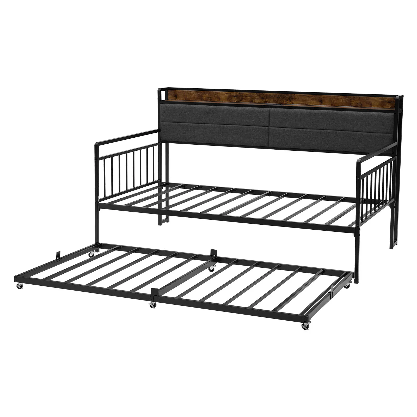 VEVOR Twin/Full Size Daybed Frame Day Bed w/ Trundle and Charging Station w/Metal Slats Support for Living Room Easy Assembly