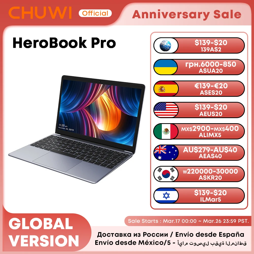 CHUWI HeroBook Pro Pantalla FHD de 14,1" Intel Celeron N4020 Dual-core 6GB RAM 128GB ROM Windows 11 Laptop con teclado de tamaño completo