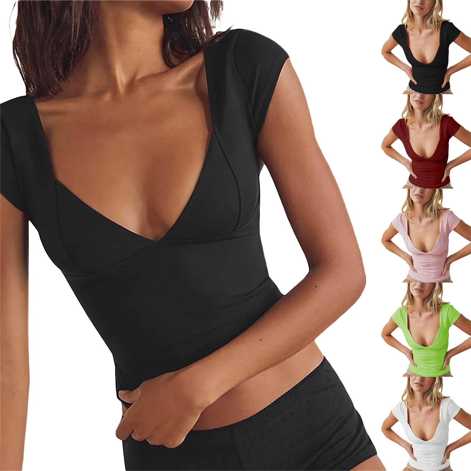 Женская футболка с глубоким V-образным вырезом, однотонная облегающая футболка с коротким рукавом