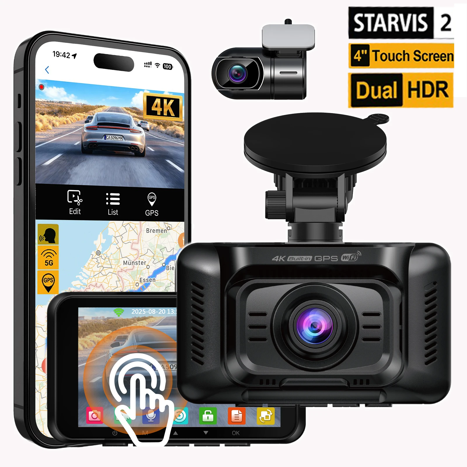 

HUPEJOS 4K 2CH Dash Cam Front And Rear STARVIS 2 DualHDR,4"Touch Screen Built-in GPS 5G WiFi,Voice Control,WDR,24/7 Parking Mode