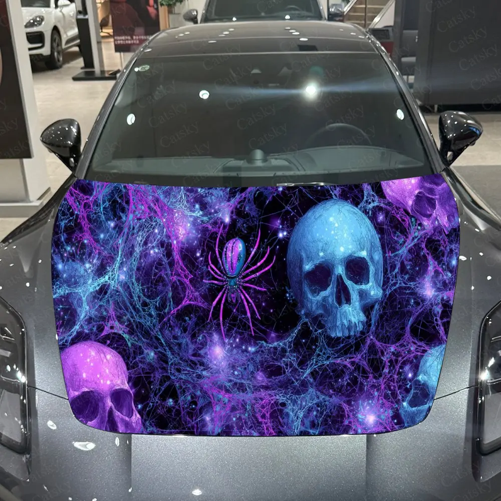 Starry Skull Spider Fantasy Dark PVC Car Hood Wraps, Self-Adhesive Waterproof Car Bonnet Decal Sticker, Car Decoration Protectio