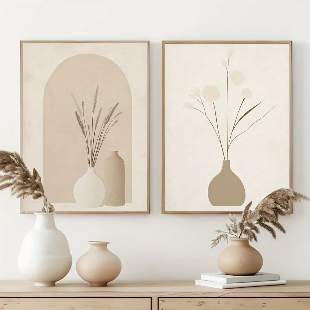 2pcs Frameless,Minimalist Style Art Neutral Plant Poster,Modern Living Room Wall Decor,Beige and Brown Aesthetic Painting Decor