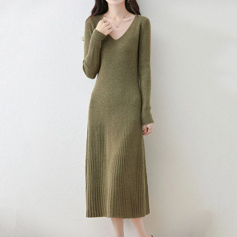 

Lady Soft Fit-Flare A-Line Long Dress Solid Color Basic Sweater Dresses Women Casual All-Match V-Neck Long Sleeves Knitted Dress