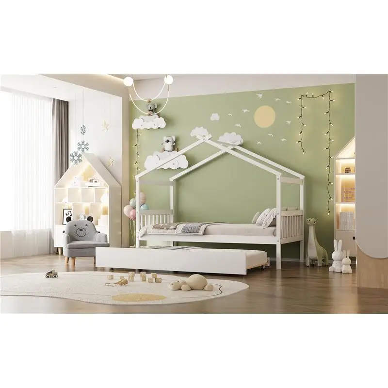 سرير منزل خشبي مزدوج الحجم مع دولاب، لمسة نهائية بيضاء
