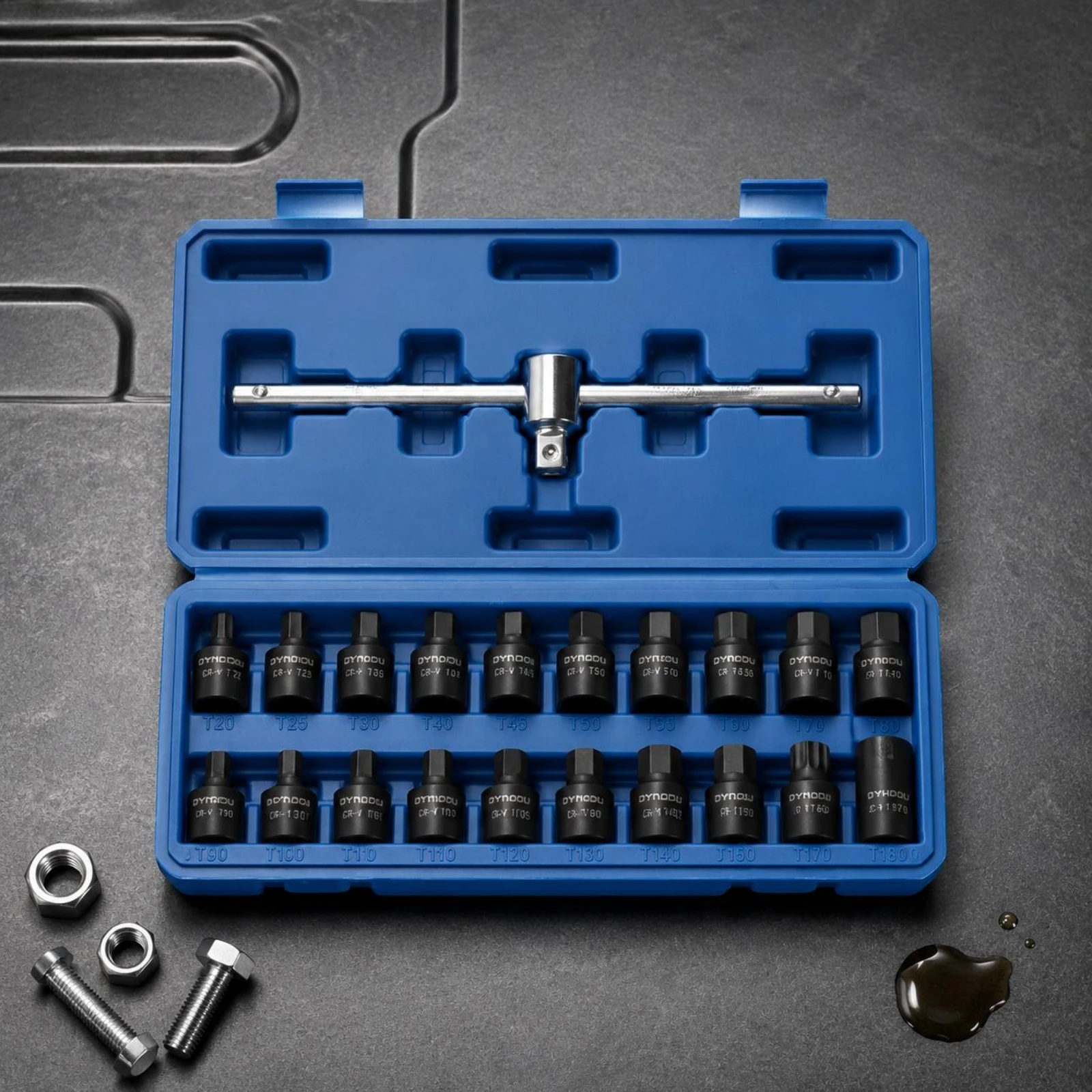 21 Pieces Oil Drain Plug Socket Wrench Kit Molded Compartments Oil Drain Plug Socket Kit Hard Plastic Case Long T-Handle