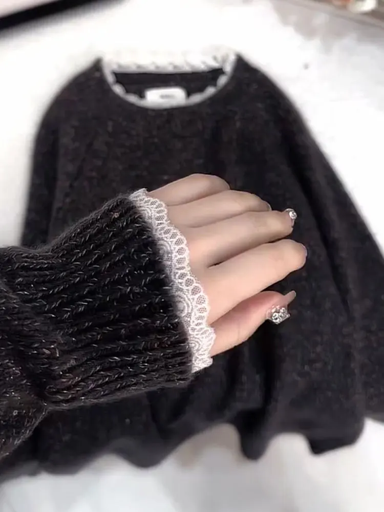 

andong Qingdao Sle Lazy Faionable Lace Knitted Sweater Women's Autumn Winter Loose Soft Woolen Long Sve round Ne Top