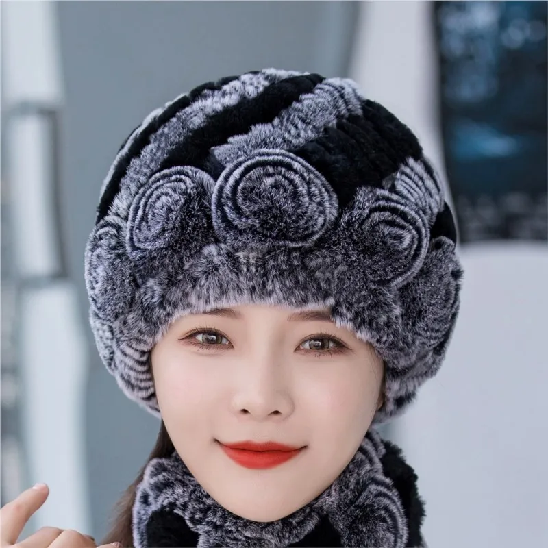 Real fur hats for women thick and warm in autumn winter versatile middle-aged elderly mothers knitted ear protectants