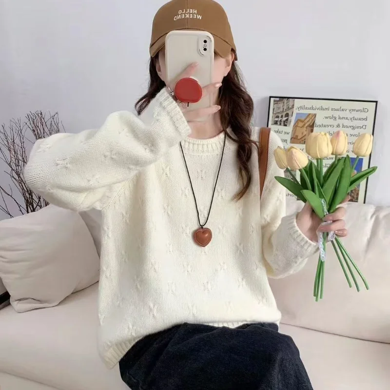 Jersey de cuello redondo con gancho tridimensional que combina con todo, suéter para mujer, ropa de primavera, nuevo suéter de punto suelto, Top