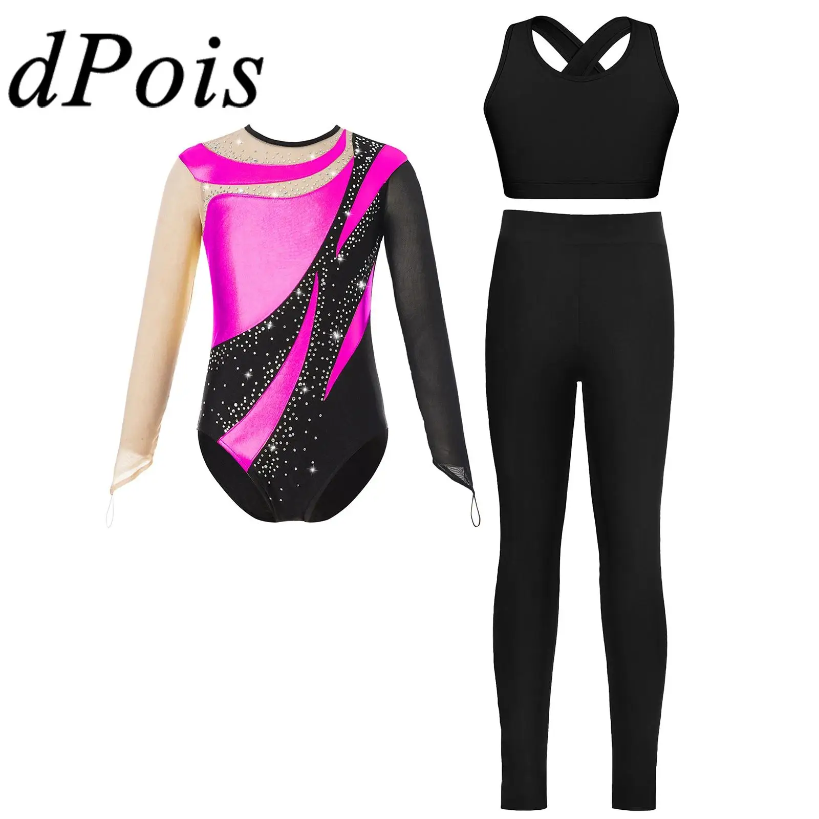 Kids Girls Ballet Outfits Long Sleeve Yoga Bodysuit Dancewear Sets Figure Skating Leotard Tops with Leggings Gymnastics Jumpsuit