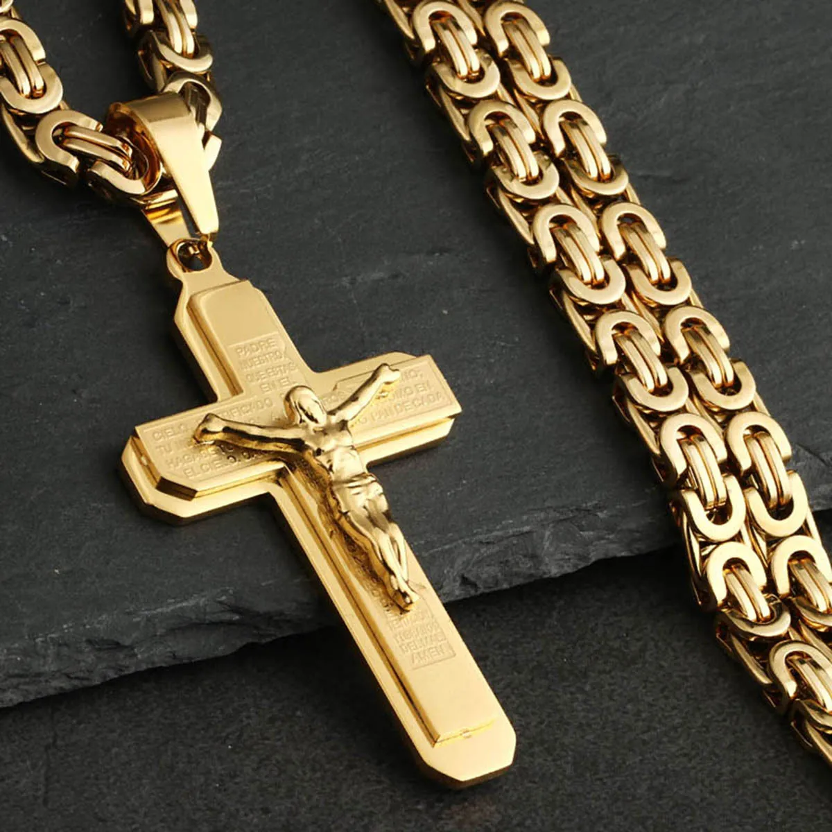 Christliches Kruzifix Jesus Christus Kreuz Halskette mit Bibel Edelstahl Byzantinische Kette Halskette Taufe Gebet Schmuck Männer – Detail 8